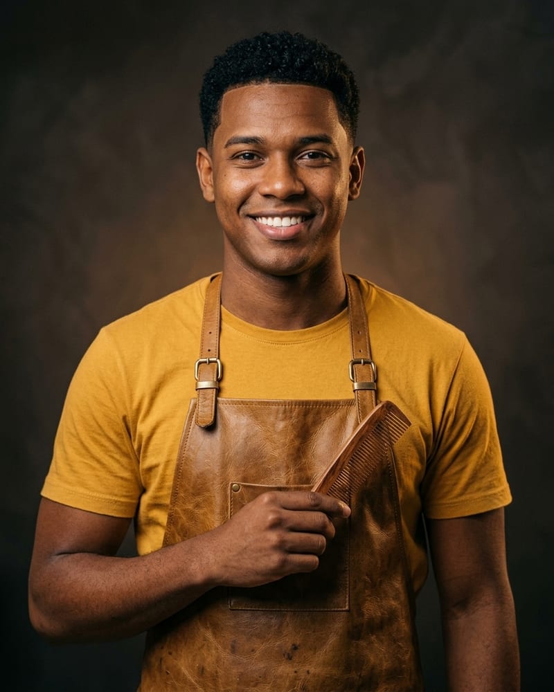 Retrato de Caio Mendes, barbeiro sorridente de cabelo cacheado curto