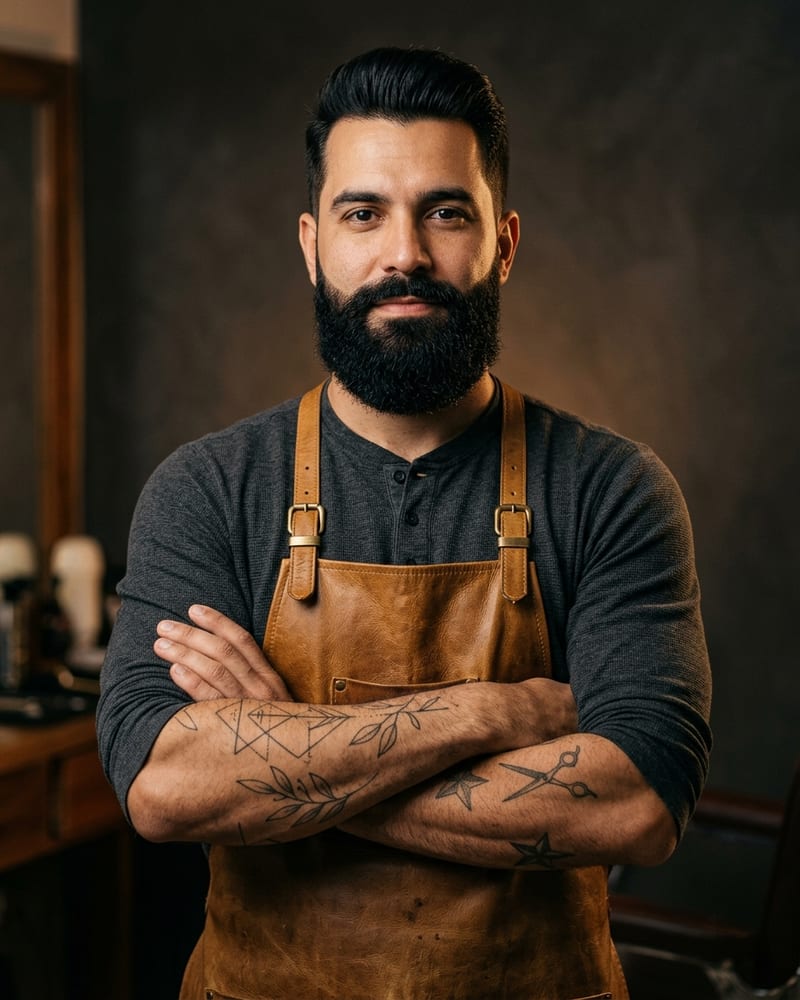 Retrato de Diego Lanza, barbeiro de barba cheia e braços cruzados