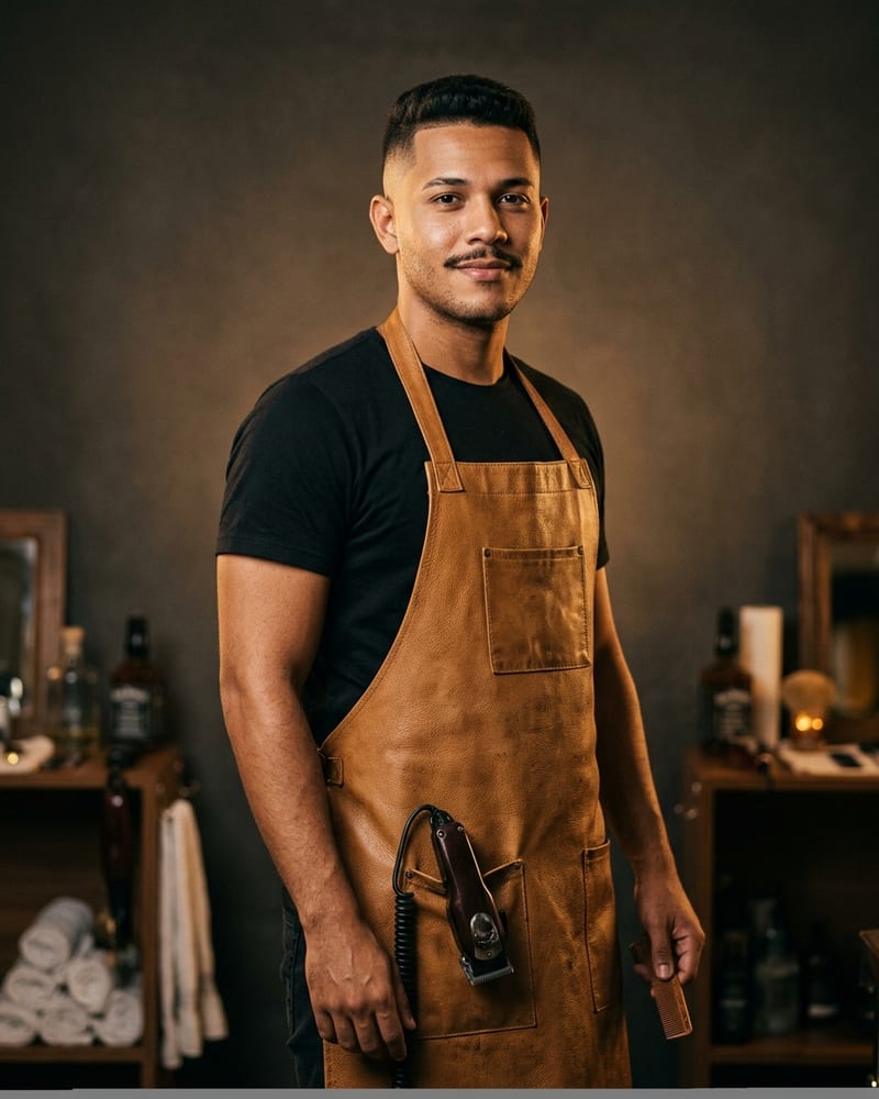 Retrato de Rafael Couto, barbeiro jovem com degradê e camiseta preta