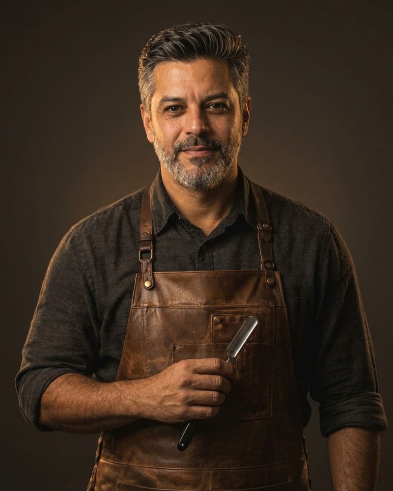 Retrato de Tomás Andrade, fundador, de barba grisalha e avental de couro