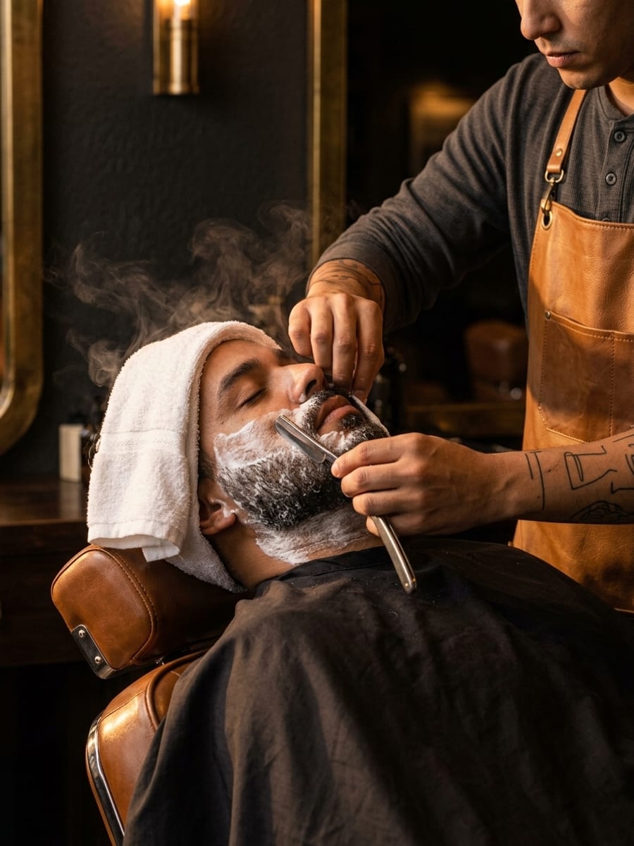 Close de barba sendo feita na navalha com toalha quente