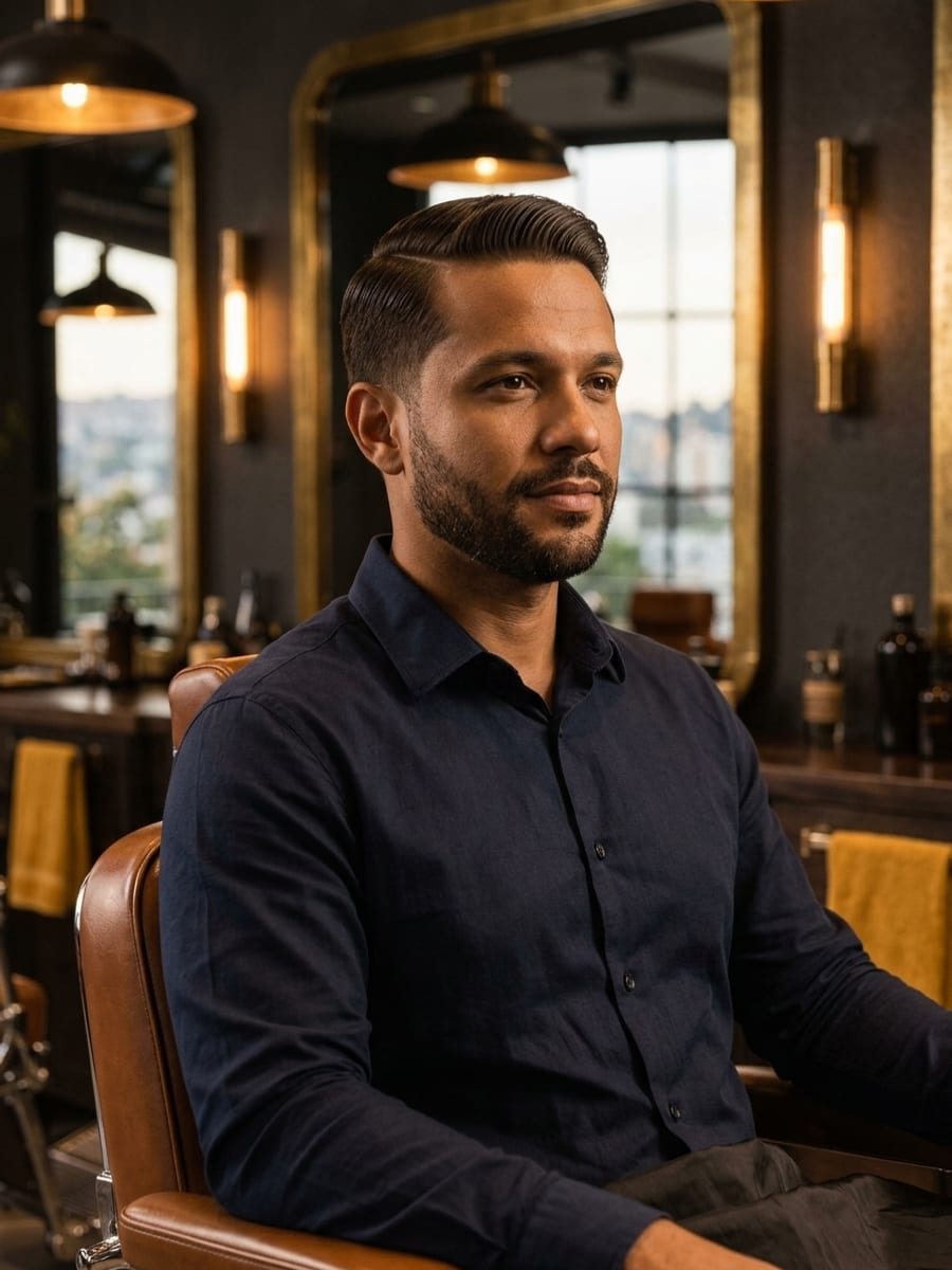Cliente de perfil com corte social clássico penteado de lado