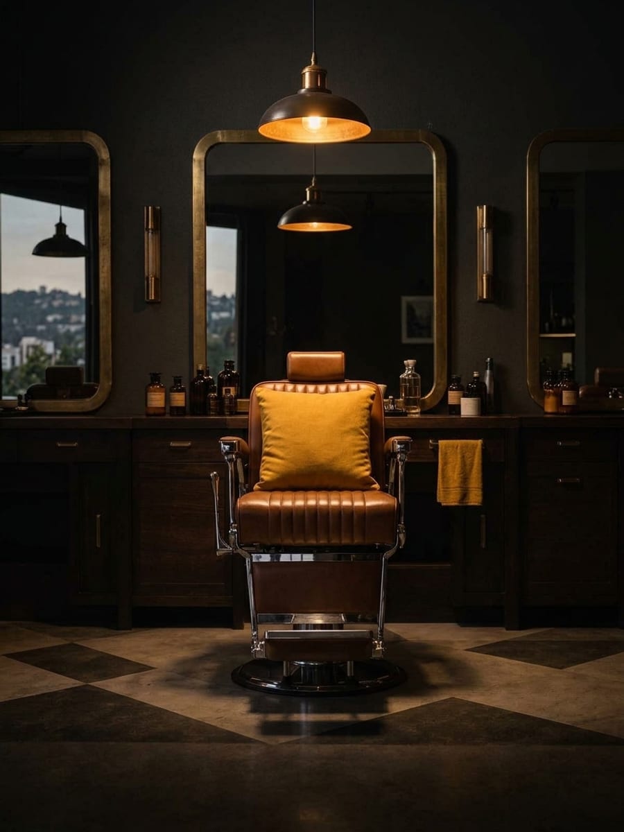 Cadeira de barbeiro vintage sob luz âmbar no salão