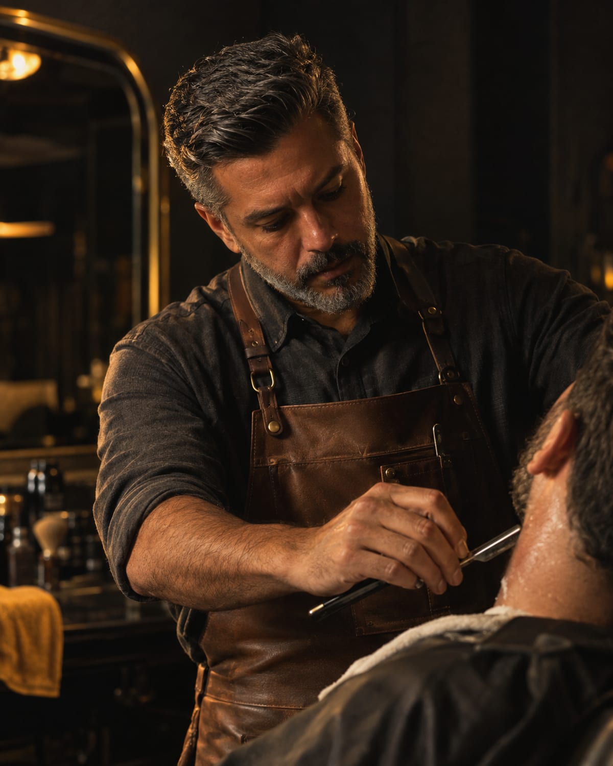 Barbeiro fazendo o acabamento da barba de um cliente com navalha, sob luz lateral quente