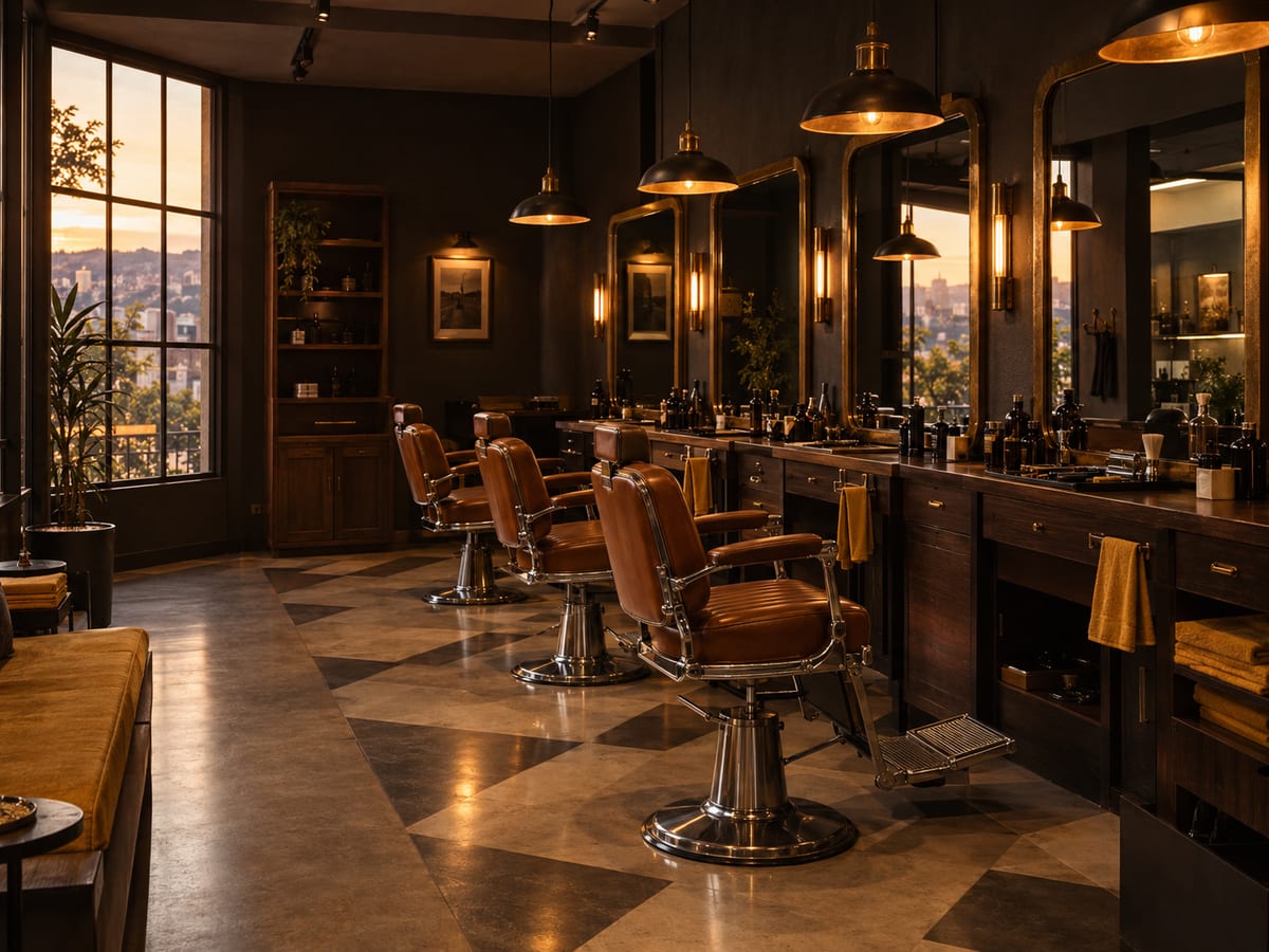 Interior da Dom Tomás Barbearia com cadeiras clássicas, espelhos e detalhes em madeira